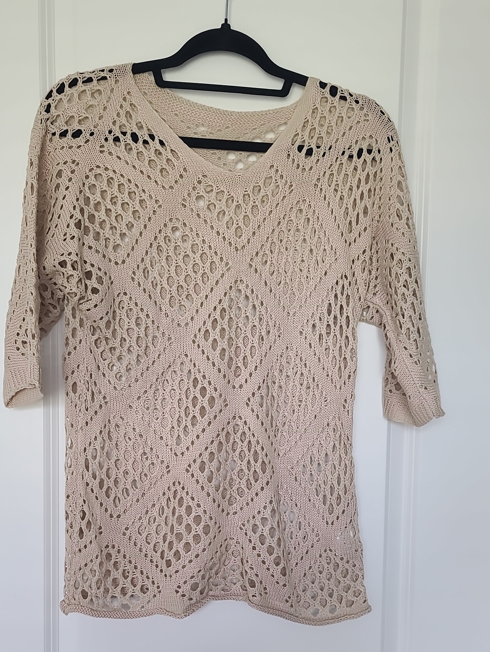 Women's Cream Open-Knit V-Neck Sweater. BB 21
